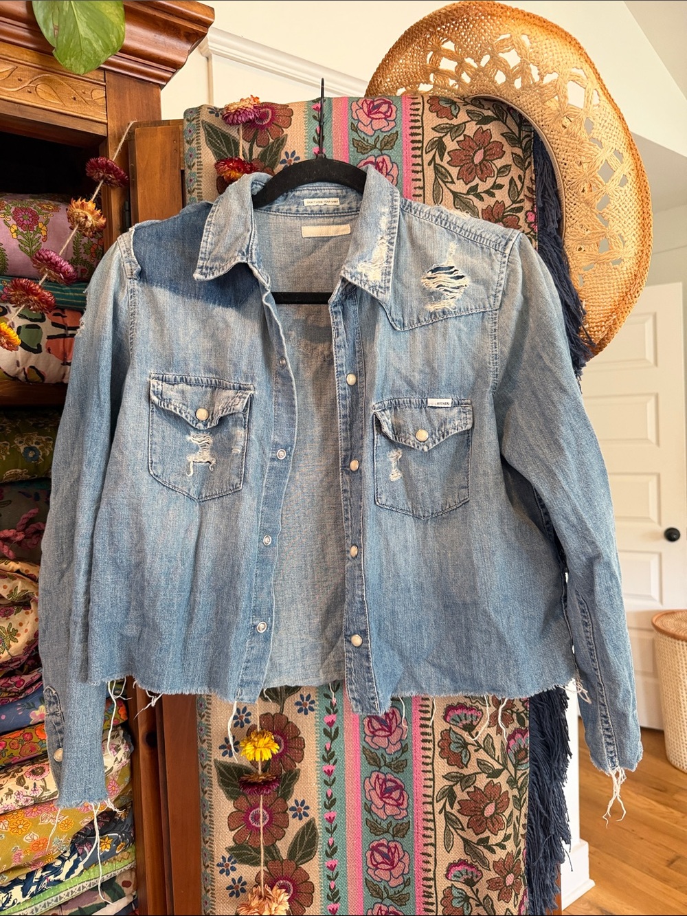MOTHER Light Blue Distressed Denim Button-Down Shirt